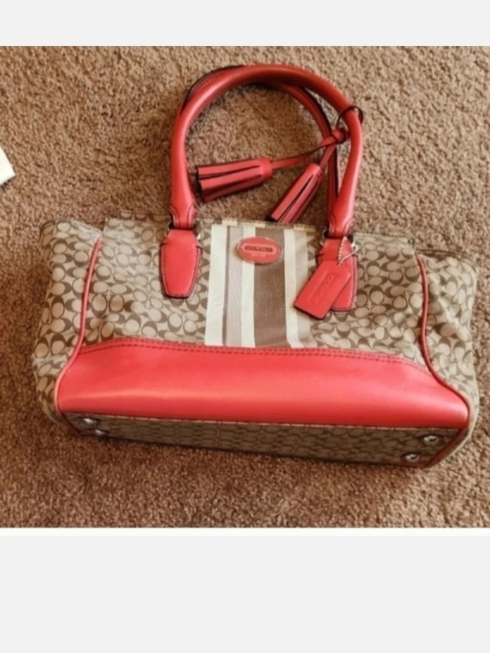 Coach Signature Canvas Satchel with Coral Trim